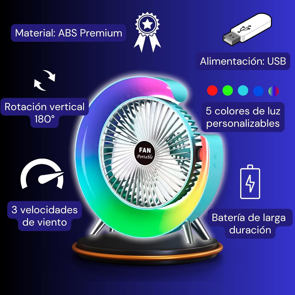 Ventilador Escritorio Portátil Recargable Lámpara LED RGB