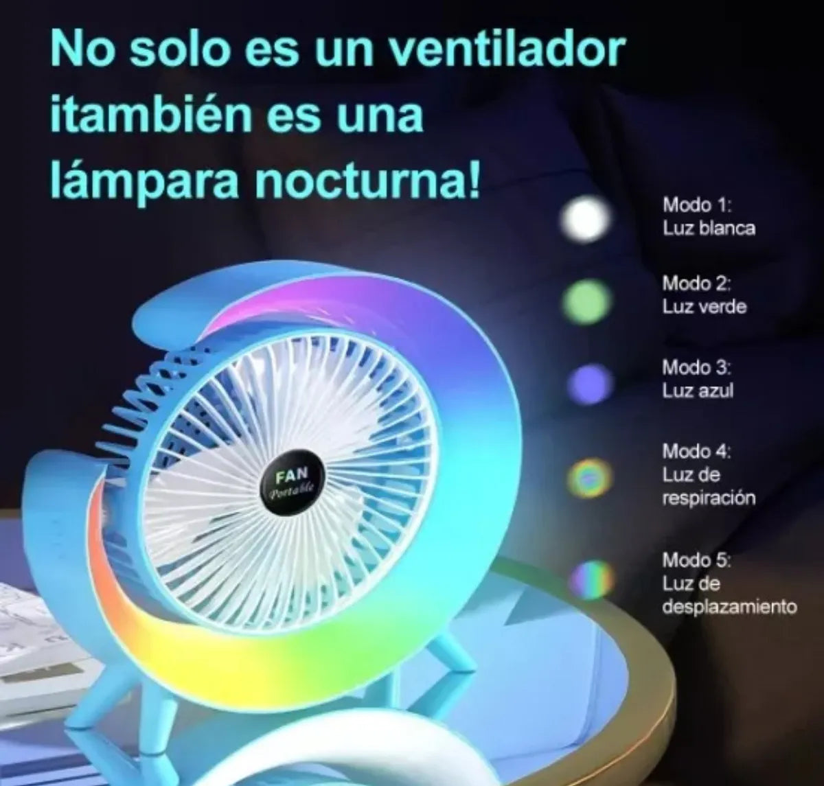 Ventilador Escritorio Portátil Recargable Lámpara LED RGB