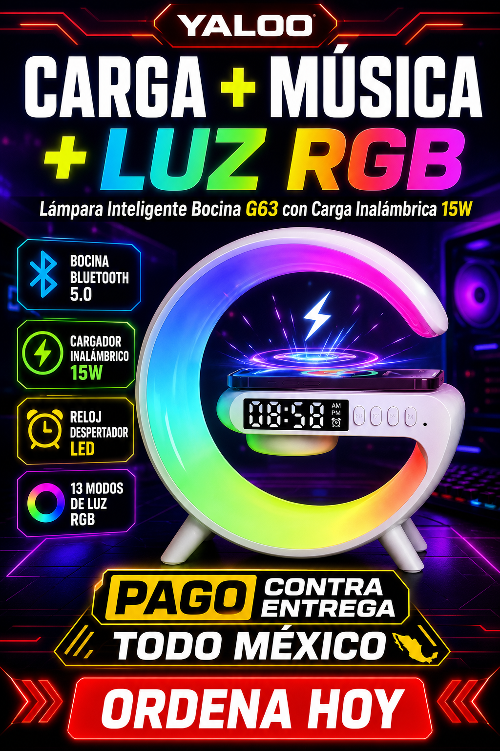 Lámpara Inteligente Bocina G63 con Carga Inalámbrica 15W